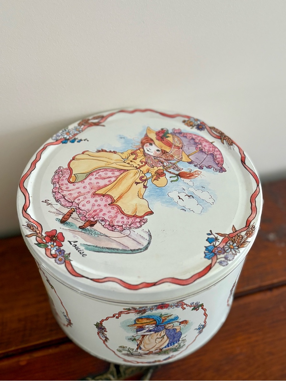 Vintage Floral Red Head Girl Metal Tin - Pink & Yellow